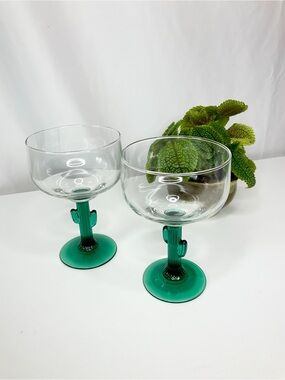 90s Vibes Vintage Green Cactus-Style Stem Margarita Glasses - Set of 2 🌵